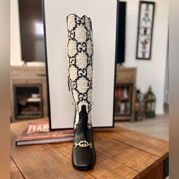 NWT GUCCI Zumi GG Monogram Tweed and Leather Knee-High Boots - Picture 3 of 10